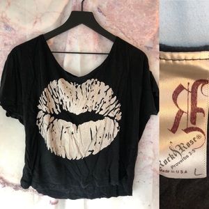 Loose Black Shirt with White Lip/ Kiss Graphic